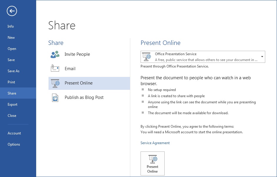 Share tab is highlighted then "present online" is selected